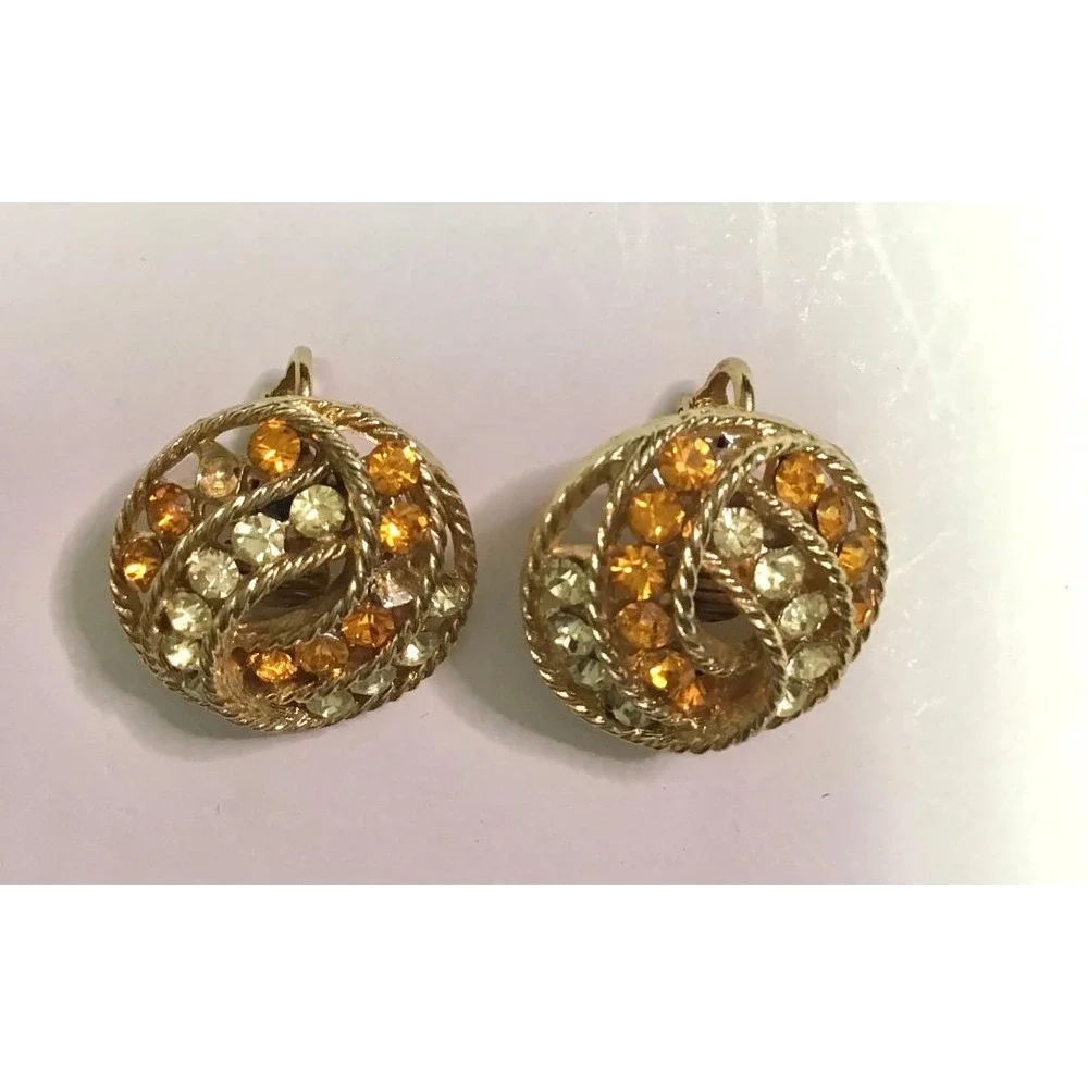 Vintage Weiss Amber Champagne Rhinestone Gold Tone Clip-On Earrings 1950's Retro